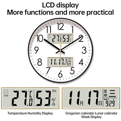 Copy of 2025 New 10/12/14 - inch Electronic Calendar Wall Clock. Monitors temp & humidity. Dual - display. Mute. Quartz movement.