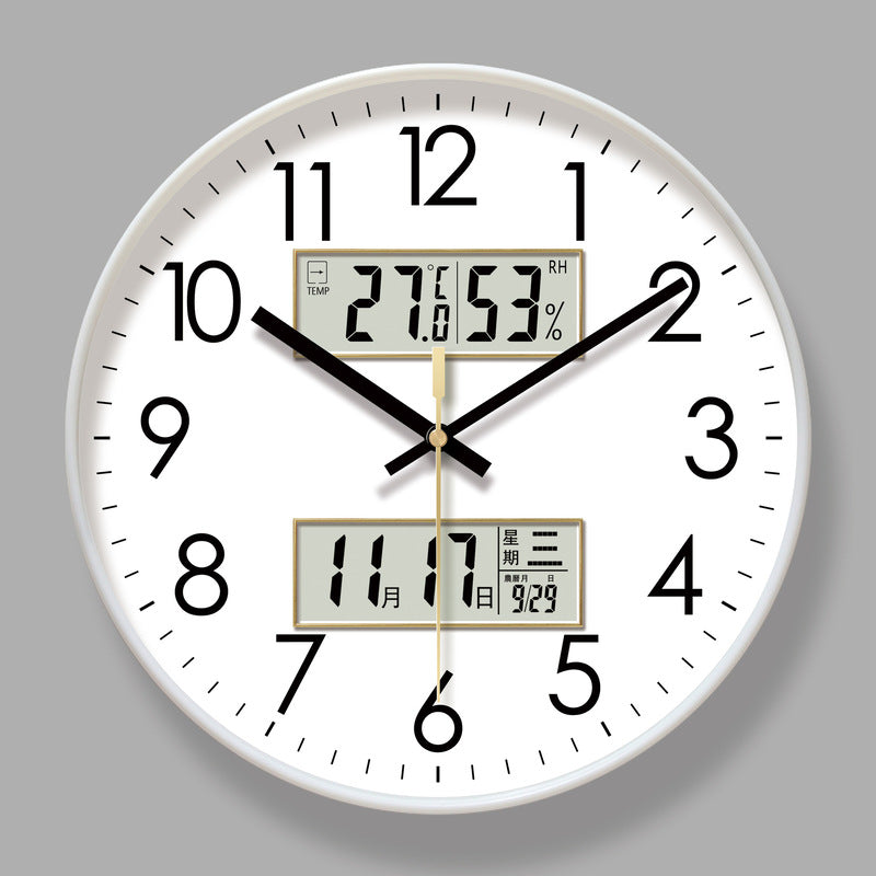 Copy of 2025 New 10/12/14 - inch Electronic Calendar Wall Clock. Monitors temp & humidity. Dual - display. Mute. Quartz movement.